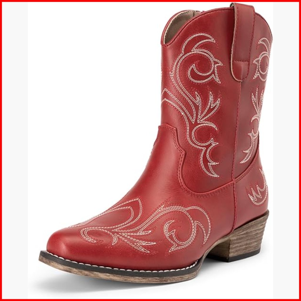 Women's Embroidered Western Ankle Boots Square Toe Chunky Heel Zipper